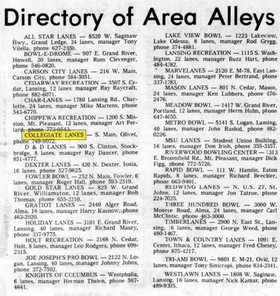 University Lanes (Collegiate Lanes) - Aug 1974 Nice Listing Of Bowling Lanes Lansing State Journal